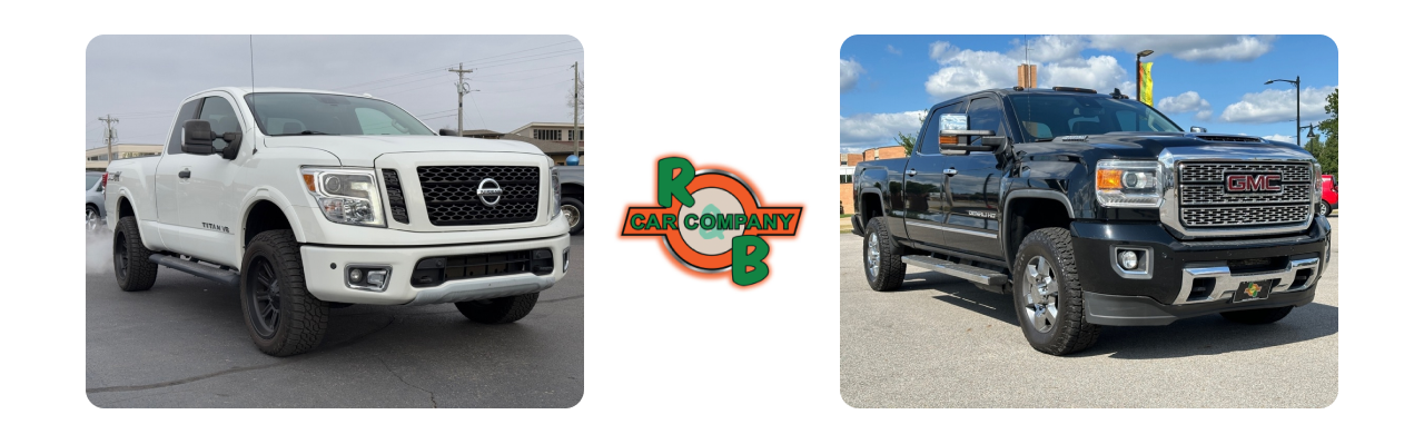 A lineup of used trucks on display at R&B Car Company in Warsaw, IN, ready for customers to explore.